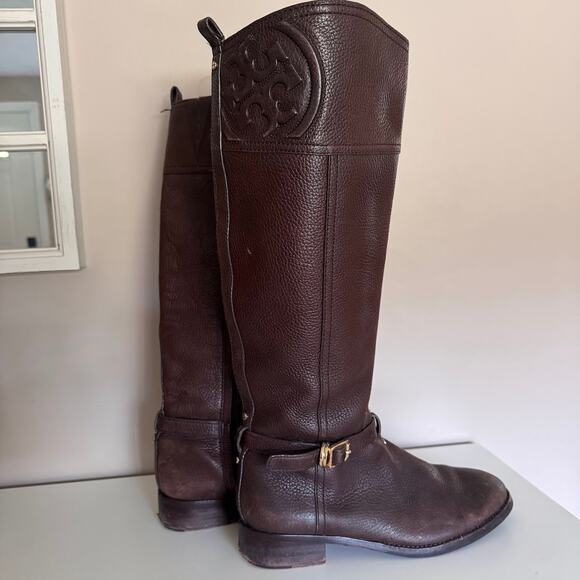 Tory Burch Brown Leather Marlene Tall Side Zip Riding Boot Size 8 - Picture 1 of 11